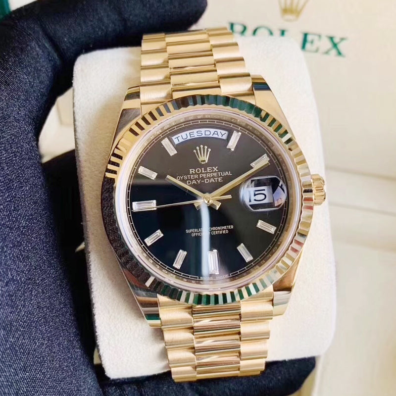 Luxury Automatic Watch for Men Daydate Steel Strap Gold Black 40MM Dial