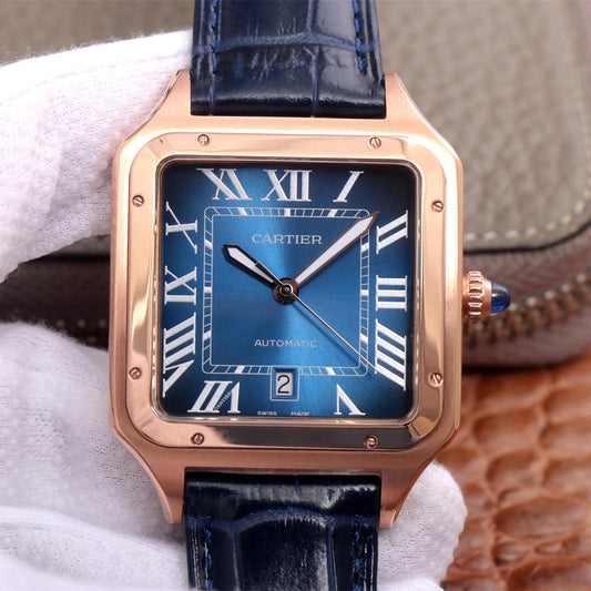 Replica Automatic Watch for SANTOS 47.5*39.8mm Leather Strap Rose Blue Dial