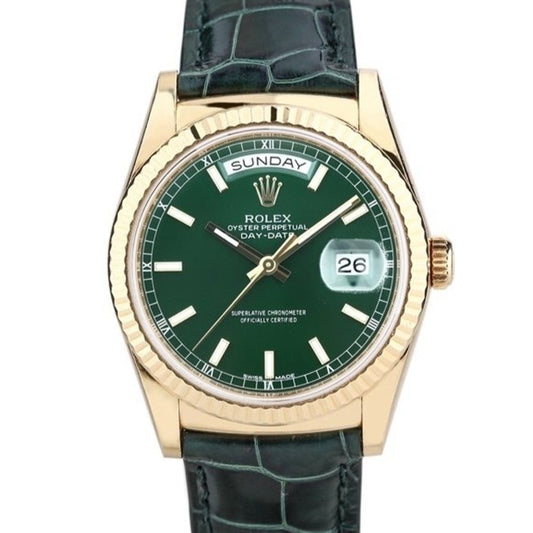 Luxury Automatic Watch for Men Daydate Leather Strap Green 36MM Dial