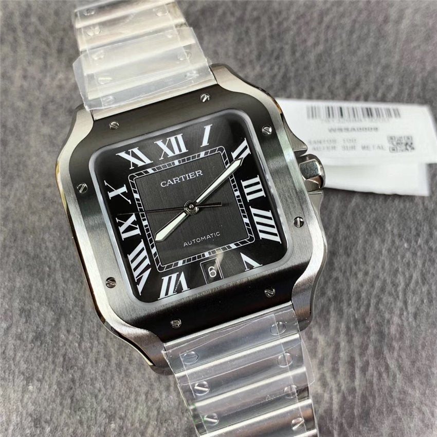 Replica Automatic Watch for SANTOS 47.5*39.8mm Steel Strap Silver Black Dial