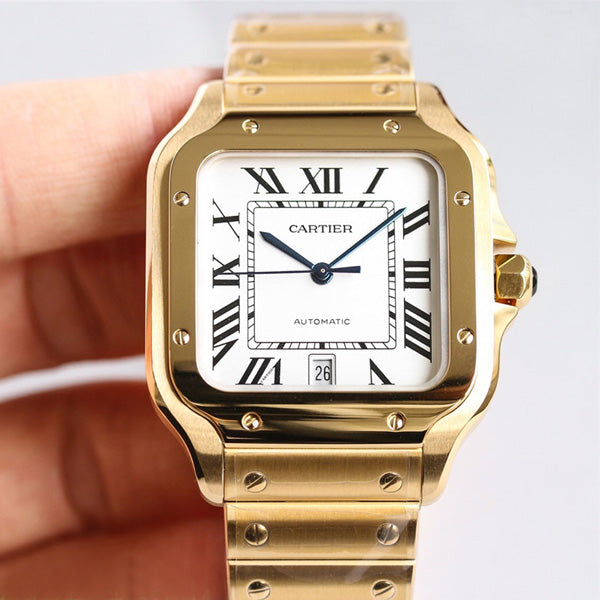 Replica Automatic Watch for SANTOS 47.5*39.8mm Steel Strap Gold White Dial